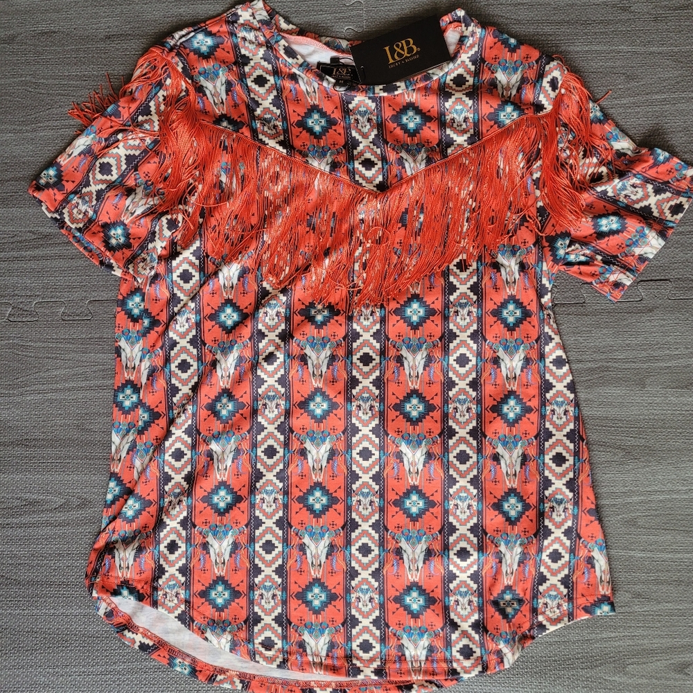 NEW L&B orange/red fringe steer head top